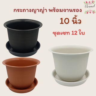 กระถางต้นไม้ 10 นิ้ว พร้อมจานรอง เซท 12 ใบ (ลอน) กระถางต้นไม้พลาสติก สีขาว สีดำ สีเทา สีส้ม