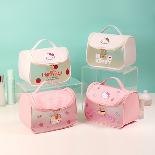 กระเป๋าเครื่องสําอาง หนัง PU ใส ขนาดใหญ่ จุของได้เยอะ แบบพกพา ลายการ์ตูน Hello Kitty สีโปร่งใส