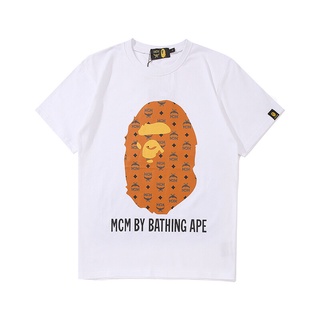 HH Original trend brand BAPE x M C M joint shark head T-shirt เสื้อยืดผ้าฝ้าย