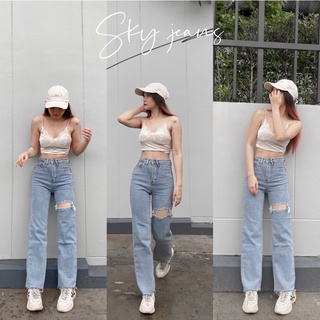 SKY JEANS กางเกงยีนส์ทรงกระบอกเล็กเอวสูง ผ้ายืด เก็บหุ่นเพรียว