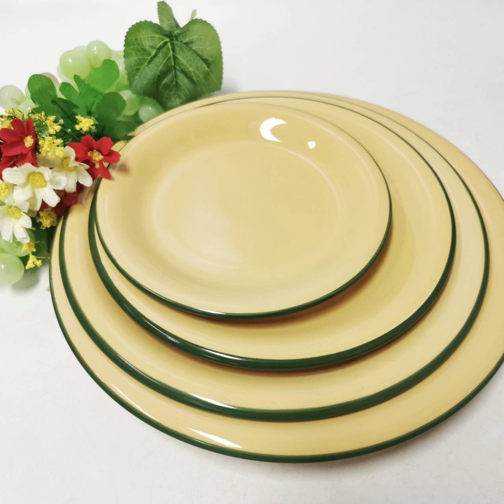 INDRA CERAMIC จานปากบาน เซรามิกเข้าไมโครเวฟได้ ลายสังกะสีเคลือบเหลือง