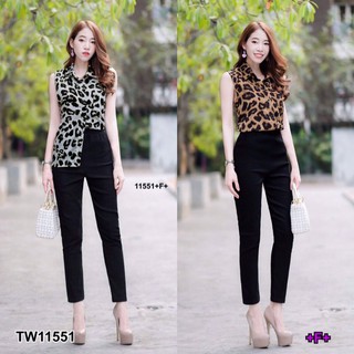 TwinsShopVip💗พร้อมส่ง TW11551 Set 2 ชิ้น เสื้อแขนกุดกระดุมหน้าลายเสือ + กางเกงทรงเดฟ