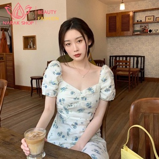 ชุดเดรสคอเหลี่ยมลายดอกไม้แขนพัฟฝรั่งเศส ชุดเดรสคอกว้างแขนตุ๊กตา ชุดเดรสกระโปรงยาวลายดอกไม้
