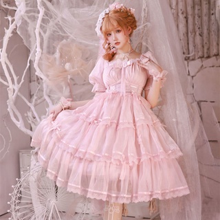 LOLITA DRESS 🍓 LOLITA ชุดแต่งงาน สีขาว/ดำ/ชมพู เดรสแขนสั้น OP เดรสสไตล์ฝรั่งเศส สวยหรู เดรสเจ้าหญิงเกาหลี