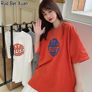 Ruo Bei Xuan เสื้อยืดแขนสั้นพิมพ์ลายตัวอักษรสไตล์เกาหลีใหม่สำหรับผู้หญิง