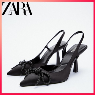 Zara รองเท้าส้นสูง หัวแหลม ประดับโบว์ สีดํา เข้ากับทุกการแต่งกาย สําหรับผู้หญิง