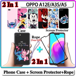 2 IN 1 เคส OPPO A12E A3S A5 เคส พร้อมกระจกนิรภัย โค้ง เซรามิค ป้องกันหน้าจอ สติทช์ และมินนี่