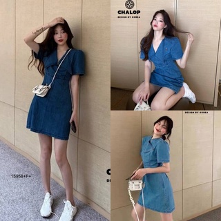 MM15958 เดรสยีนแขนสั้น ทรงมินิมอล คอเดรสใส่ได้ 2 แบบ	Denim dress with short sleeves. Minimal shape. Dress can be worn