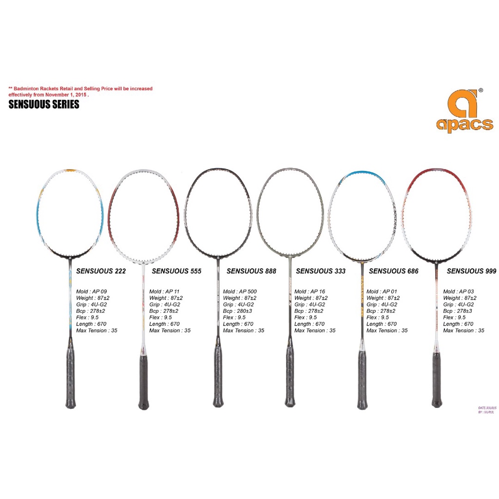 APACS SENSUOUS 999 BADMINTON CKET พร้อมโลโก้ UK ดั้งเดิม 35LBS 4U/G2