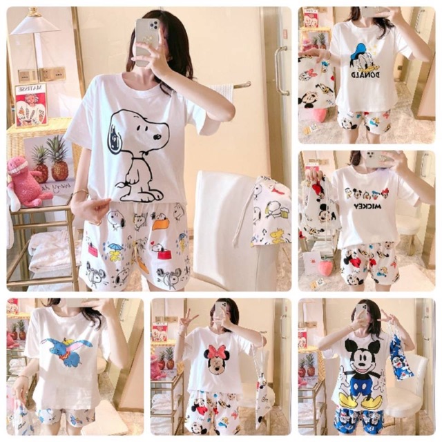 พร้อมส่ง ชุดนอนลายการ์ตูน Snoopy สนูปปี้น่ารักๆ เสื้อยืดคอกลมแขนสั้น-กางเกงขาสั้นเอวยางยืด แถมฟรีถุงผ้า ผ้านิ่ม ใส่สบาย