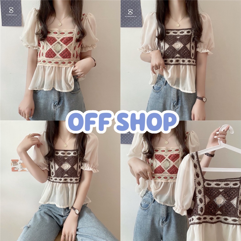 OFF SHOP 🥻 เสื้อถักไหมพรม แขนสั้น ดีเทลแขนซีทรูเอาๆน่ารักสไตล์ โบฮีเมี่ยน 19011-C