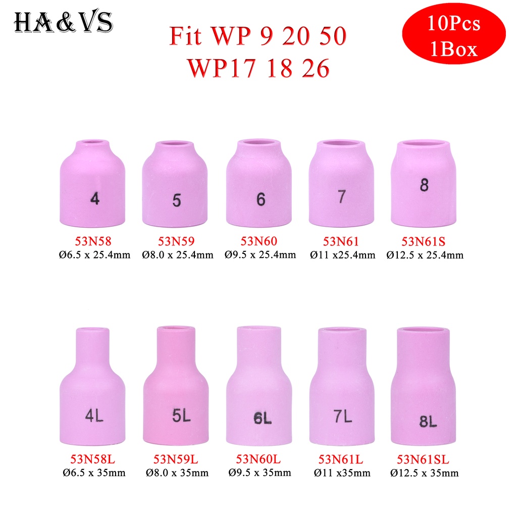 10 ชิ้น 25.4 มม.53N58 53N59 53N60 53N61 53N61S 35 มม.53N58L 53N59L 53N60L 53N61L 53N61SL อลูมิเนียมหัวฉีดสําหรับ TIG WP9/17/18/20/26