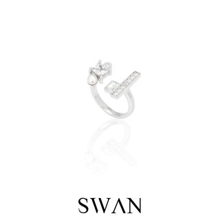 SWAN - Pave Bar Open Ring (white) แหวนเงินแท้ มุกแท้ มุกน้ำจืด ฝังเพชรคิวบิกเซอร์โคเนีย cubic zirconia ฟรีไซส์