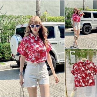 เสื้อคอจีนผ้าโพลีพิมพ์ลายดอกท้อสุดฮิต แขนสั้น กระดุมถอดออกได้นะค่ะ ใส่สวยผ้านิ่มมากค่ะ
