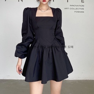 S Miss 2022 new square neck puff sleeves little black dress Fashionable waist and slim all-match tutu skirt for women