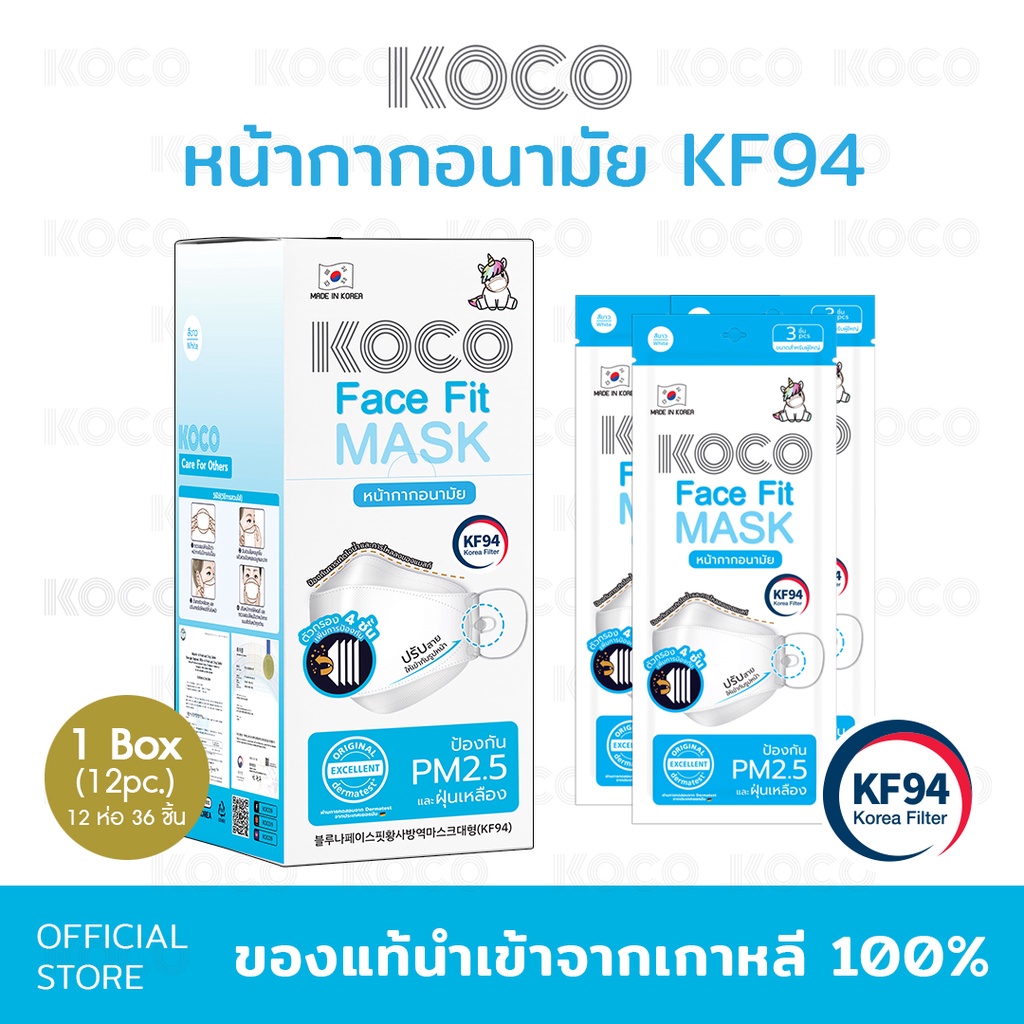 [ขายยกกล่อง] KOCO Face fit MASK หน้ากากอนามัย KF94 1 กล่องมี12ซอง=36ชิ้น