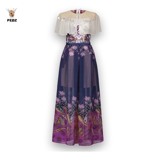 PEDZ Purple Birds Under Shawl Maxi Dress ชุดเดรสยาวสีม่วงลายนกใต้ผ้าคลุมไหล่