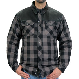 เสื้อเชิ้ตลายสก็อต เสริมหนังช่วงบ่าและปก เชิ้ตแขนยาว Hot Leathers JKM3203 Mens Grey and Black Kevlar Reinforced Leather