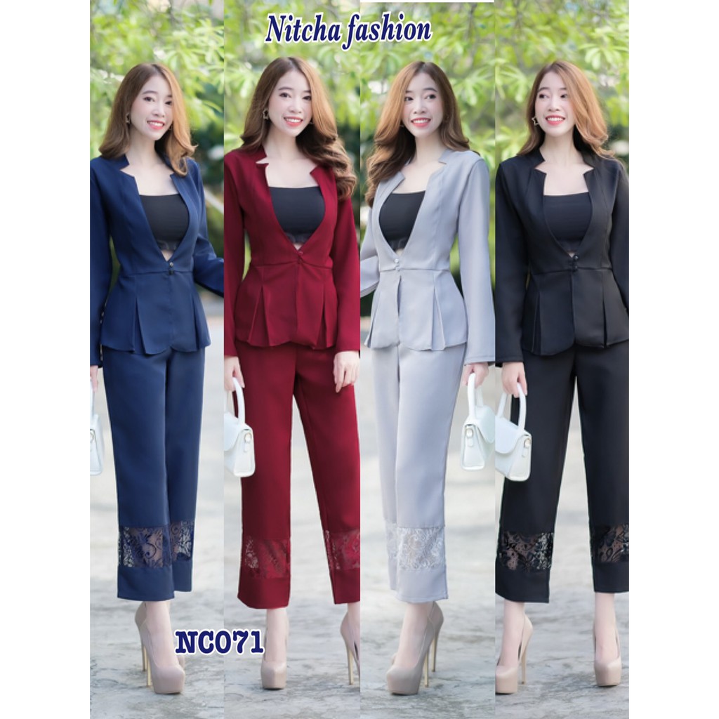 NC0071 ชุดเซ็ตผ้าซาร่าห์ เสื้อสูทแขนยาวเปิดหน้าอก(ไม่รวมเสื้อใน) กางเกงเอวเป็นยางยืดด้านหลัง
