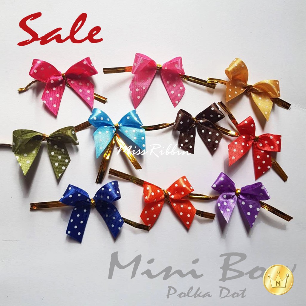 Missribbinโบว์จิ๋วมัดลวด 12มิล พิมพ์จุด (100ชิ้น) โบว์มัดปากถุงขนมขายส่ง เพิ่มความสวยงามให้แพคเกจจิ้ง