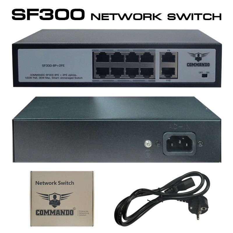PoE Switch 8 Port 10/100+2 Uplink Total 150W. (Commando)SF300-8P+2FE
