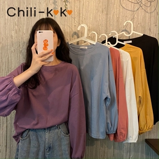 Chili_k❤️k❤️ 3508 เสื้อยืดแขนยาวคอกลมแฟชั่นวัยรุ่นสไตล์เกาหลีผ้าดี oversize สีทึบ แขนพอง จั้มปลายแขน