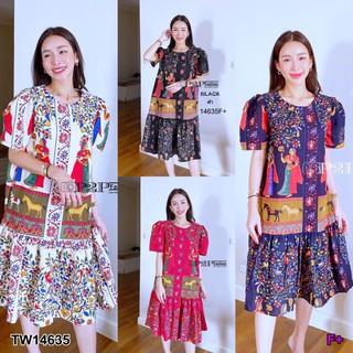 J14635 Dress เดรส ชายระบาย ลายกราฟฟิก