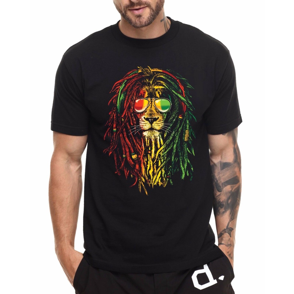 เสื้อยืดโอเวอร์ไซส์ผ้าฝ้ายแท้ คอลูกเรือเสื้อยืดลําลอง ผ้าฝ้าย แขนสั้น พิมพ์ลาย Rasta Lion Reggae Bob Marley Dennis Brown