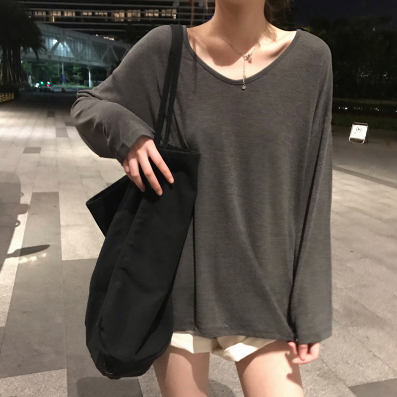 Suxi เสื้อยืดแขนยาว คอกลม ทรงหลวม แฟชั่นสำหรับผู้หญิง
