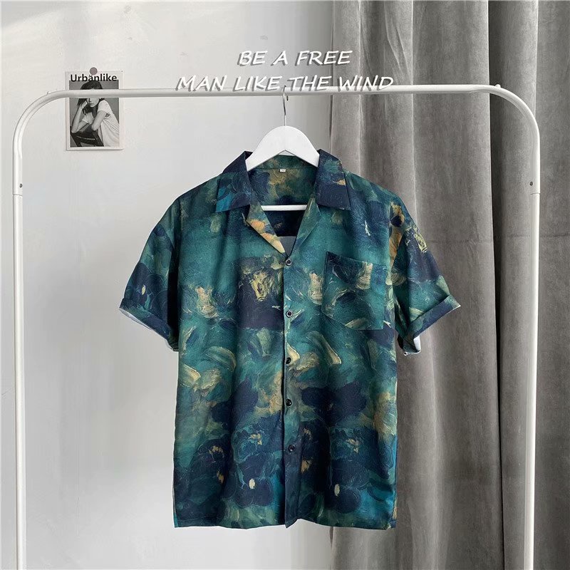 เสื้อเชิ้ตแขนสั้น เสื้อฮาวาย เกาหลี สีเขียว พร้อมส่ง ขนาด: m l xl 2xl 3xl รุ่น 2106
