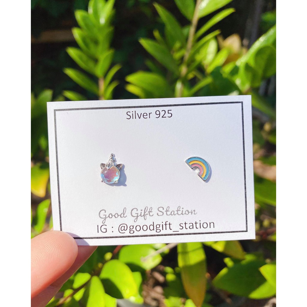72_goodgift_station - 925 sterling silver ต่างหูแบบเจาะยูนิคอร์นและสายรุ้ง 2 ข้างไม่เหมือนกันเป็นเงิ