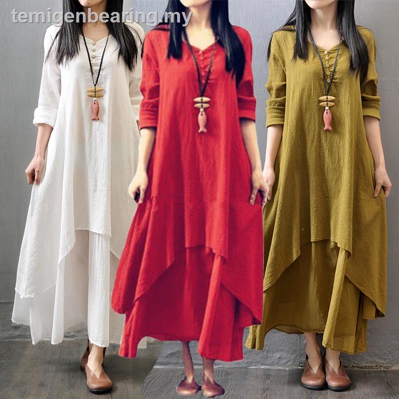 เดรสยาวลินินผู้หญิงพลัสไซส์ เดรสแม็กซี่มุสลิมสีขาว zanzea