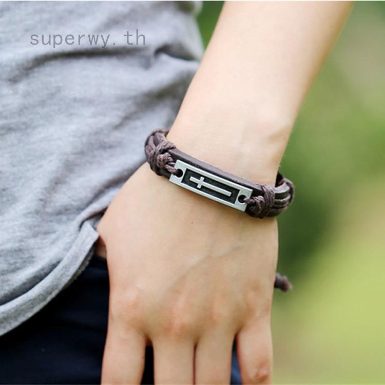 สร้อยข้อมือหนัง PU สีน้ำตาลสไตล์วินเทจ Unisex