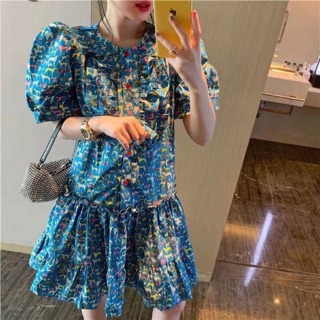 ชุดเดรส‼️พร้อมส่ง 💙New korea design -สินค้านำเข้า พร้อมส่ง- Blue animal dress มินิเดรสสีน้ำเงิน ลายกราฟฟิคน่ารัก