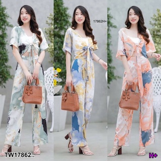 MM17862 Set 2 ชิ้น เสื้อแขนสั้นผูกโบว์ด้านหน้า + กางเกงขายาว Set of 2 pieces. Short sleeve shirt with bow in front + lon