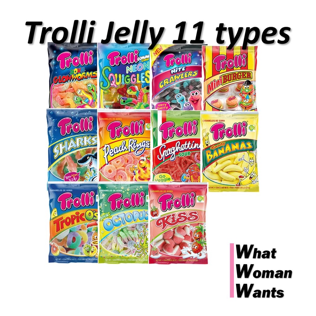 Trolli  เยลลี่กัมมี่หวาน (พร้อมของแถม) Dino Rex / Sour glow worms, Neon Squiggles, Nite Crawlers, Peach Rings, Spaghetti, Tropic O's, Vegan Jelly Kiss, Spaghetti Cola 13 แบบ