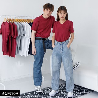 พิมพ์นิยม ® เสื้อยืดพร้อมส่ง !! Cotton100% No.32 Semi (คอกลม/คอวี) 📣🌟 เสื้อยืดสีพื้น Maroon (สีแดงเลือดหมู) 📣🌟