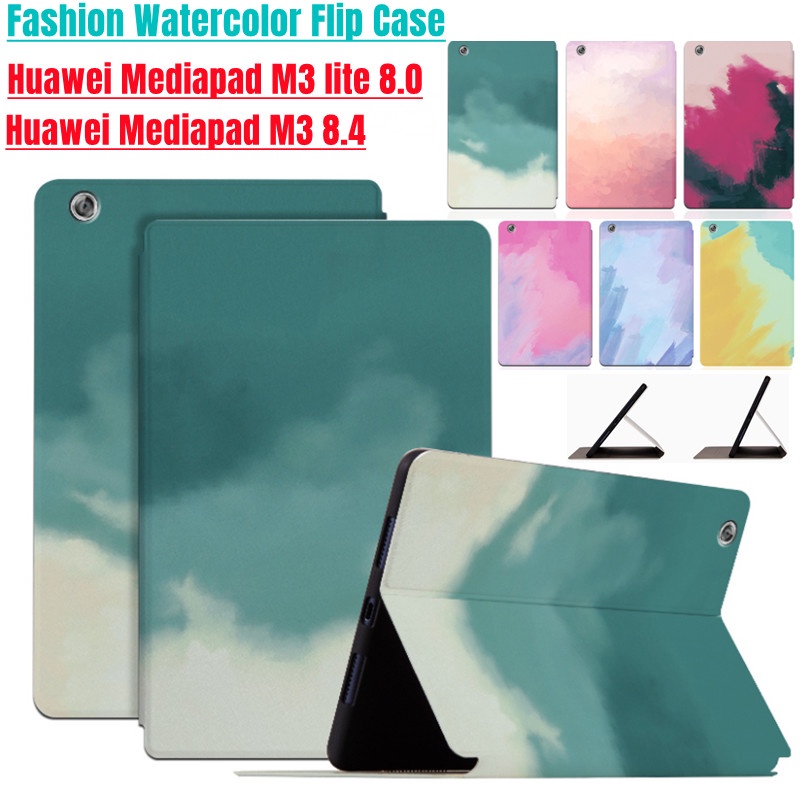 เคสแท็บเล็ตหนัง PU แบบฝาพับ ลายสีน้ํา คุณภาพสูง สําหรับ Huawei Mediapad M3 lite 8.0 M3 8.4 Huawei M3