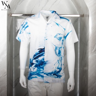 เสื้อเชิ้ตฮาวายแขนสั้น ผ้าไหมอิตาลี 100% (บลูโอเชี่ยน) : Hawaii Blue Ocean Marble Shirt  (Short-sleeved)