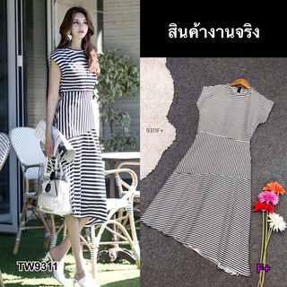 J9311 Dress  เดรสลายริ้วชายเฉียง