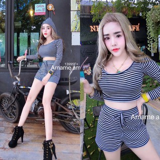 TwinsShopVip💗พร้อมส่ง TW13995 Set 2 ชิ้น เสื้อครอปมีฮู้ด + กางเกงขาสั้น ลายริ้ว