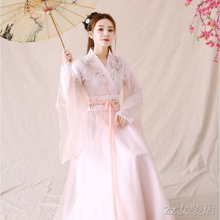 Hanfu หญิงสีชมพูสดสไตล์โบราณขนาดใหญ่แขนกว้างเครื่องแต่งกายประสิทธิภาพเครื่องแต่งกายฤดูใบไม้ร่วง