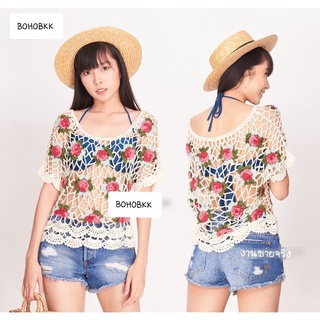 ❤พร้อมส่ง ❤ BOHOBKK เสื้อคลุมบิกินี่ เสื้อนุ่มๆๆ ถักมือแต่งดอกไม้ เสื้อถักไหมพรม เสื้อถักโครเชต์ เสื้อใส่ไปทะล