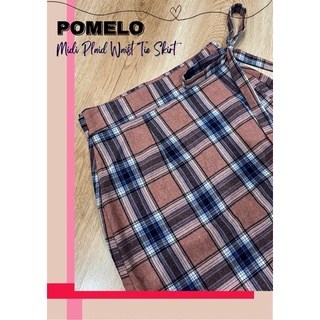 กระโปรง POMELO ลายตาราง Midi Plaid Waist Tie Skirt - Pink Size M มือสอง