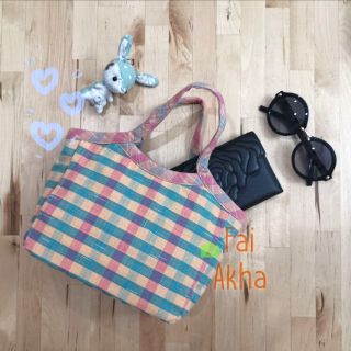 FAI​ AKHA -​ lunch bag กระเป๋าผ้า​ทอมือ​ ลายตาราง​ สีน่ารัก