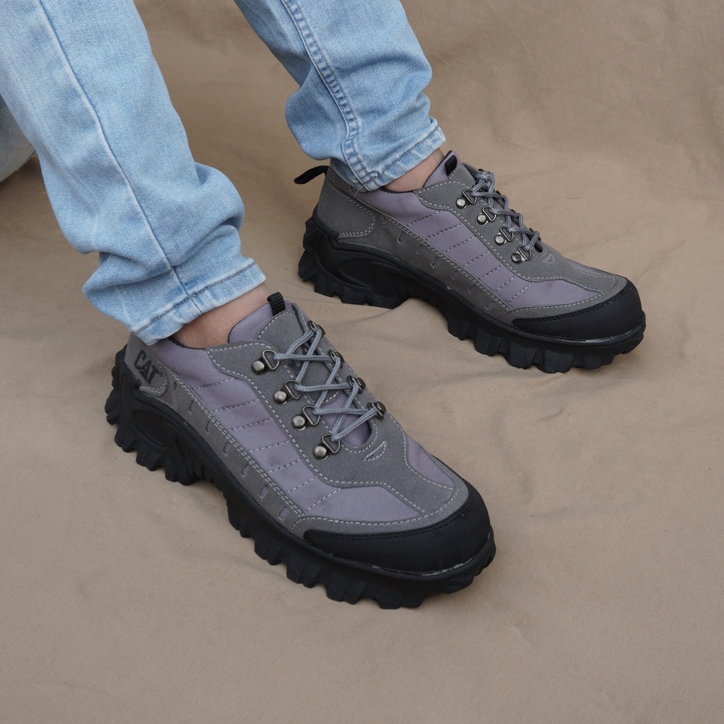 Hitam Men& 39;s SHORT SAFETY BOOTS CATERPILLAR BULDZER LOW PREMIUM BLACK TAN GREY