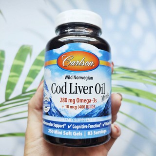 Wild Norwegian Cod Liver Oil Minis, 250 Mini Soft Gels (Carlson) น้ำมันตับปลา จากนอร์เวย์