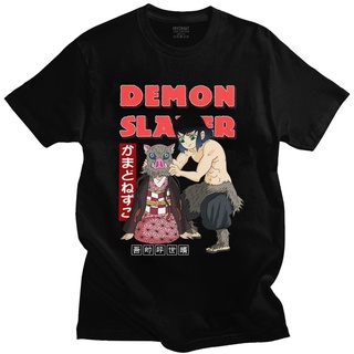 ผ้าฝ้ายคอกลมเสื้อยืดคอกลม แขนสั้น ผ้าฝ้าย 100% พิมพ์ลาย Demon Slayer Kimetsu No Yaiba nezuko and inosuke สําหรับผู้ชายfr