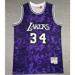 รองเท้า NBA Los Angeles Lakers สําหรับผู้ชาย 2021 #เสื้อกีฬาบาสเก็ตบอล ปักลาย ONeal 34 Shaquille สีม่วง