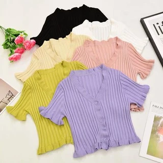 Cicishop(8249) เสื้อครอปทรงมินิมอล แต่งกระดุมหน้าแต่ระบ่ายน่ารักมาก ผ้าไหมพรม